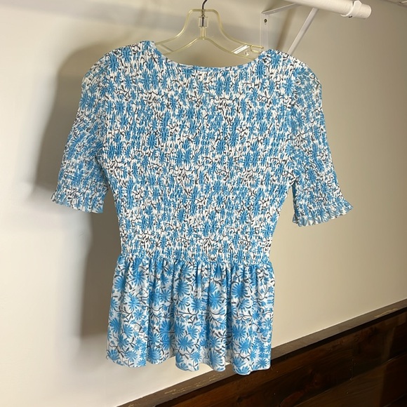 Anthropologie Maeve Blue & White Mesh Peplum Shirt- S - Picture 2 of 5